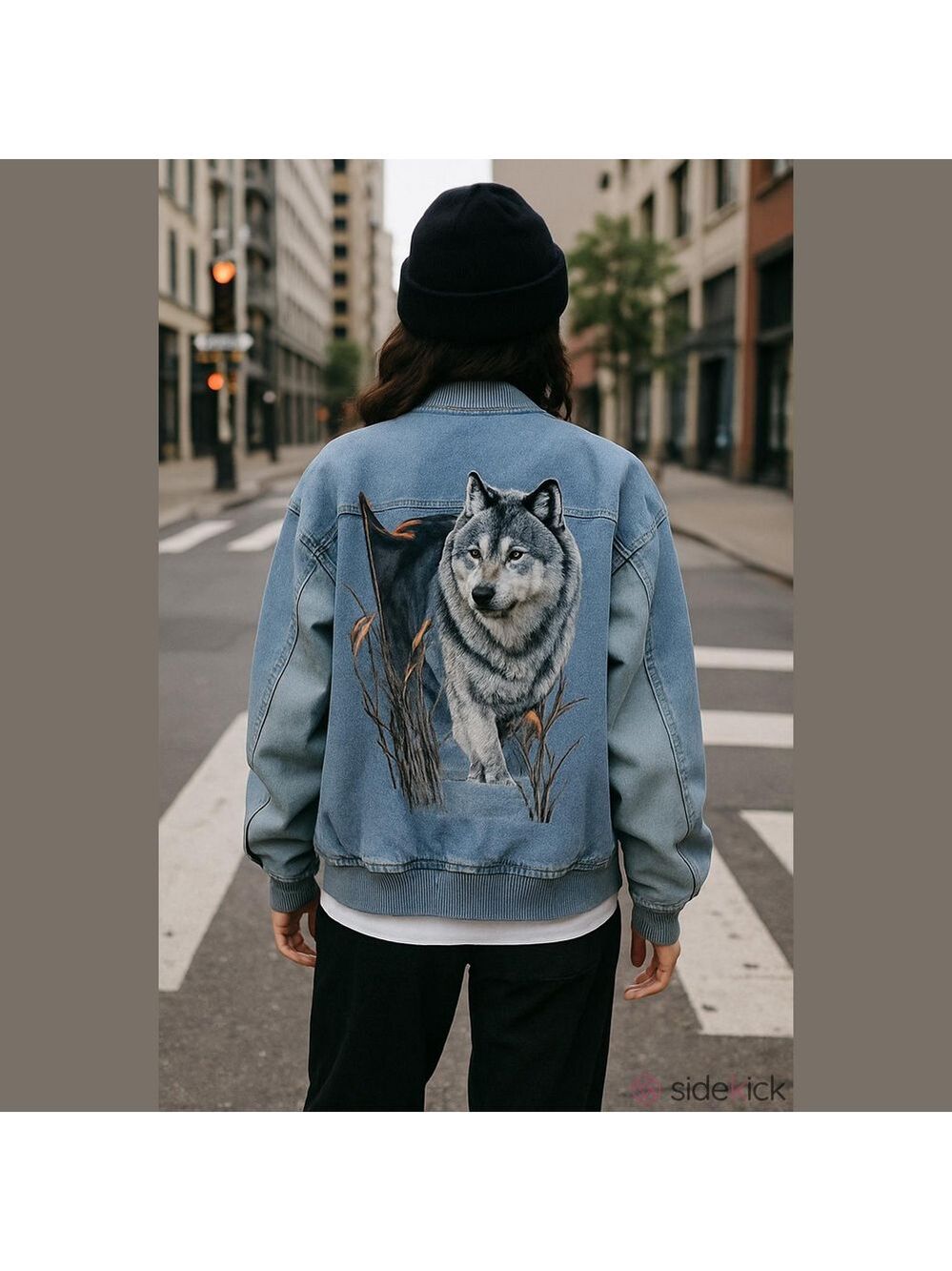 Retro 80's/90's Canadian Wolf Motif Light Blue Denim Streetwear Bomber Jacket